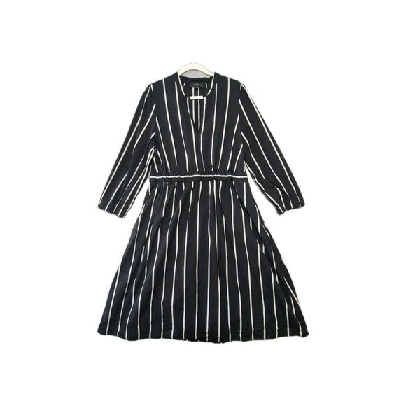 J.CREW Dresses & Skirts - J.Crew Women's Black Stripe Cinched-Waist Cotton Poplin Midi Dress L
